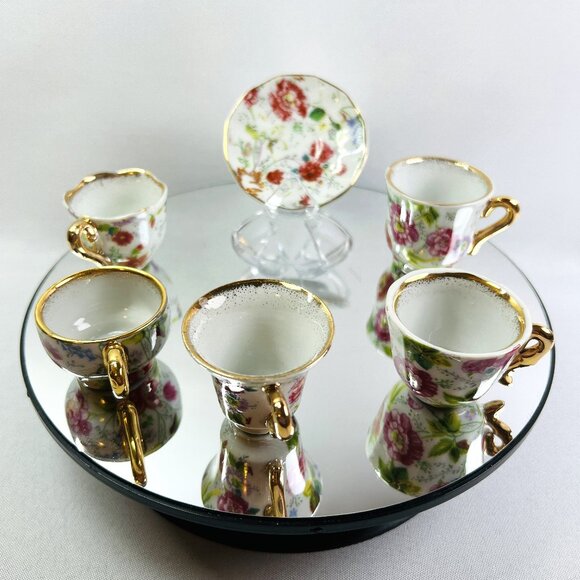 Vintage FIVE Miniature Porcelain Teacups & Plate Pink Floral Rose Gold Gilt - Picture 4 of 10